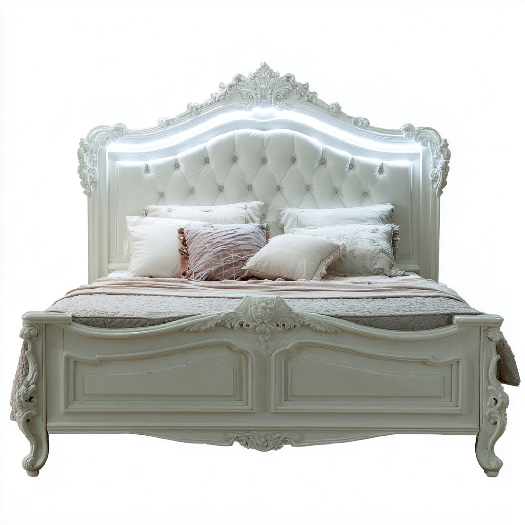 Camas dobles de madera 210x180x160 cm - blanco crema con cabecero capitoné e iluminación decorativa - diseño clásico para dormitorio