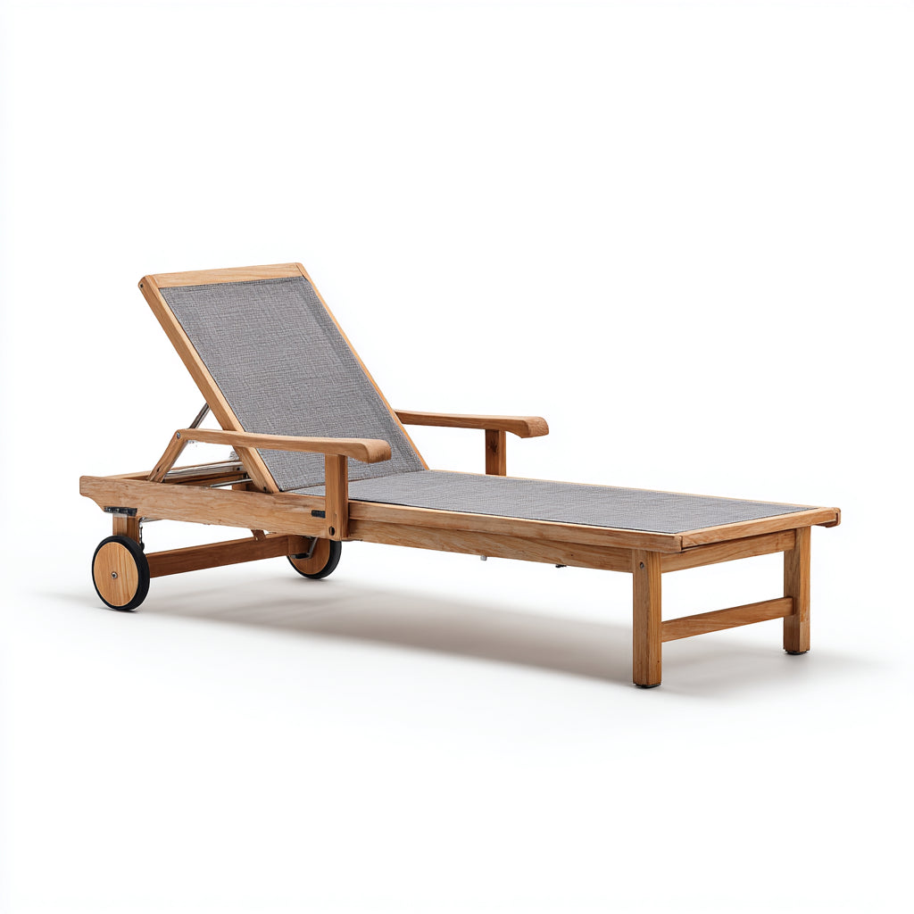 Tumbonas madera y textil 205x70x85 cm natural-gris con ruedas para exterior estilo moderno