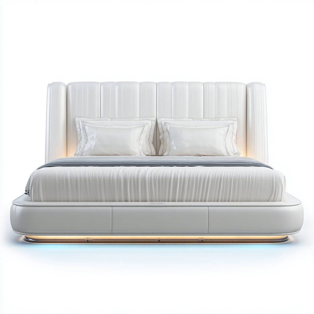 Camas dobles tapizada 210x180x110 cm blanco diseño moderno con luz LED integrada