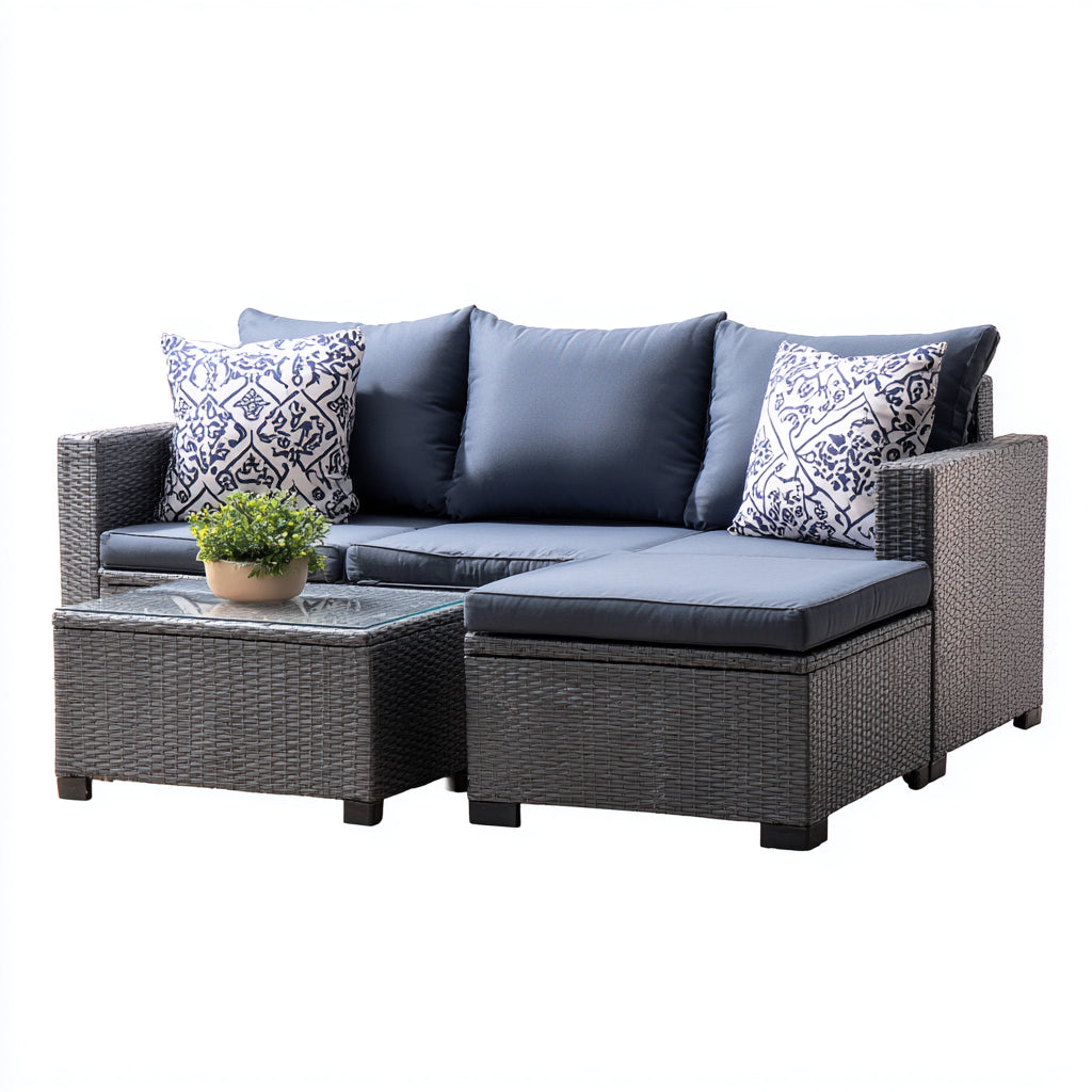 Sofás de exterior ratán 210x150x78 cm gris-azul con mesa estilo moderno