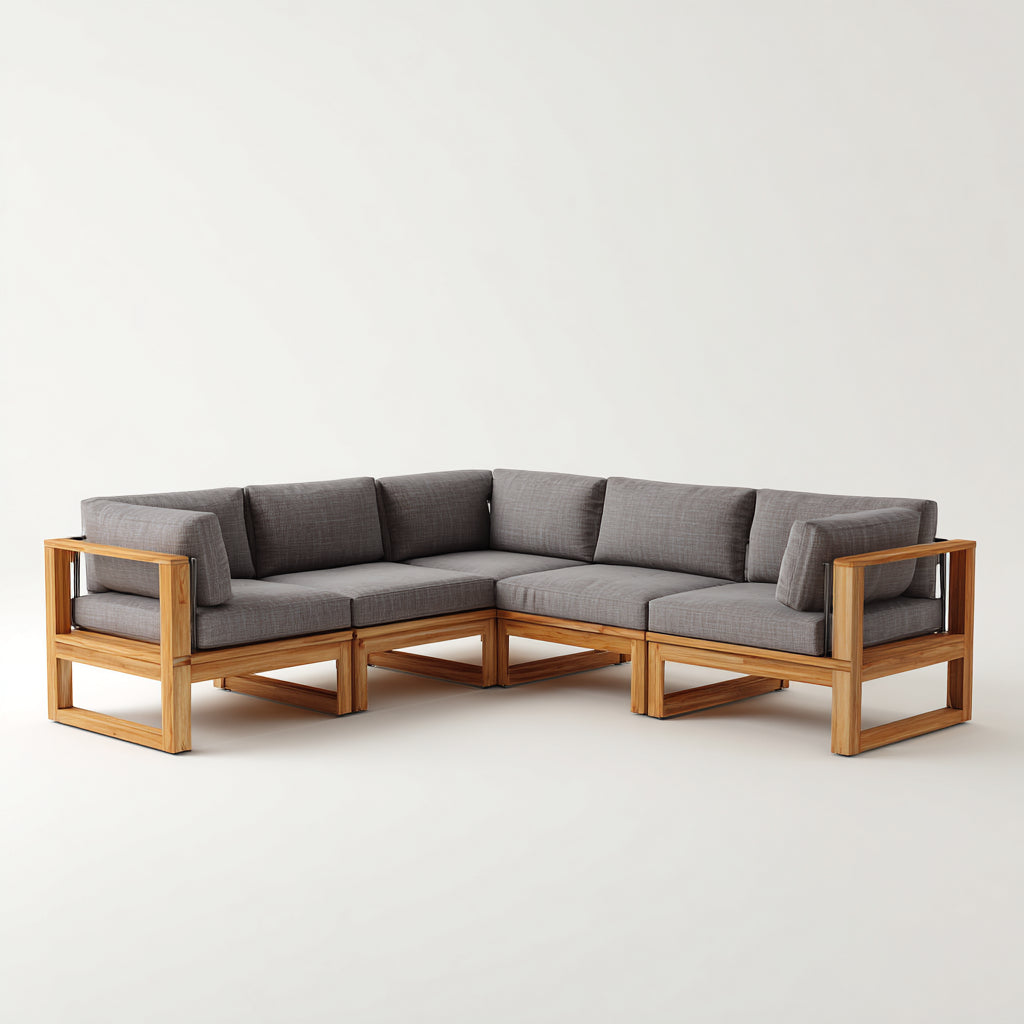 Sofás de exterior 250x250x72 cm - madera marrón y cojines grises - diseño esquinero para jardín