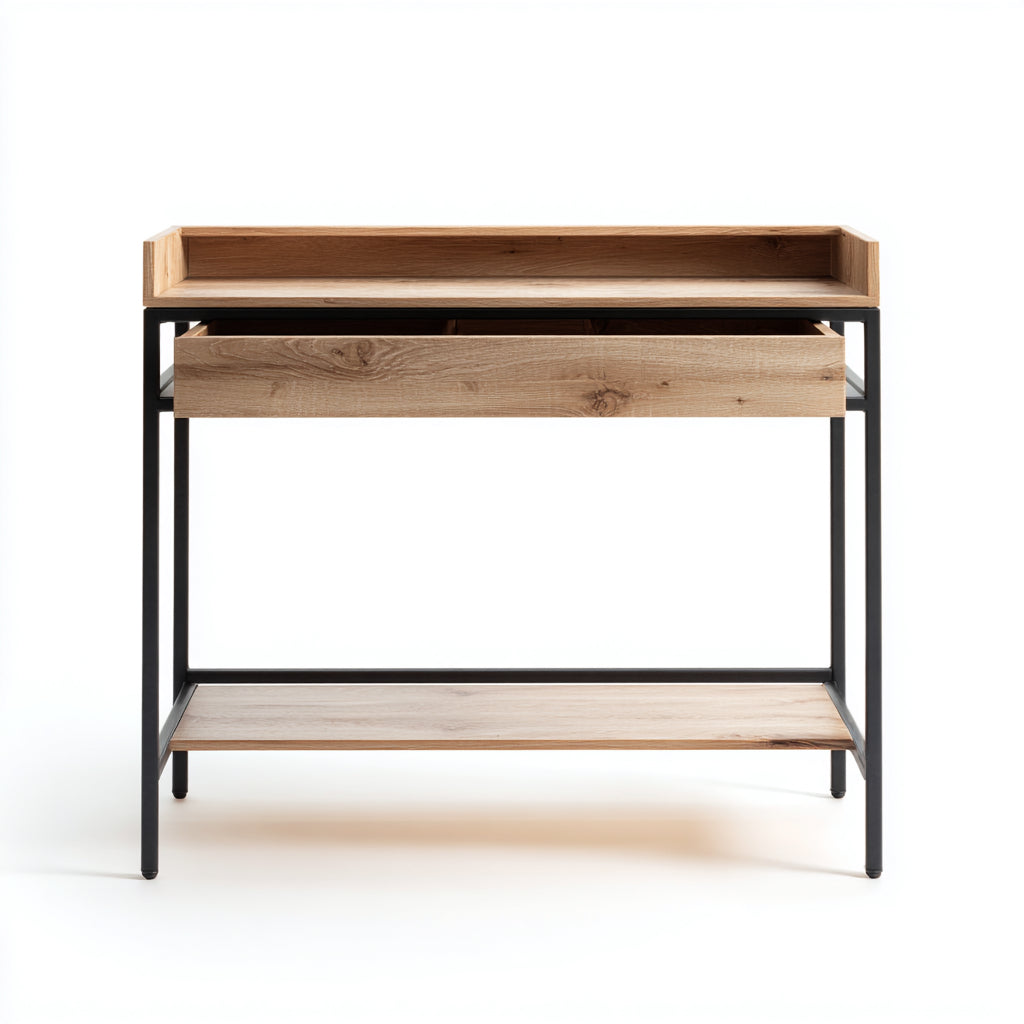 Mesas de oficina madera y metal 100x45x90 cm natural-negro con cajón estilo industrial