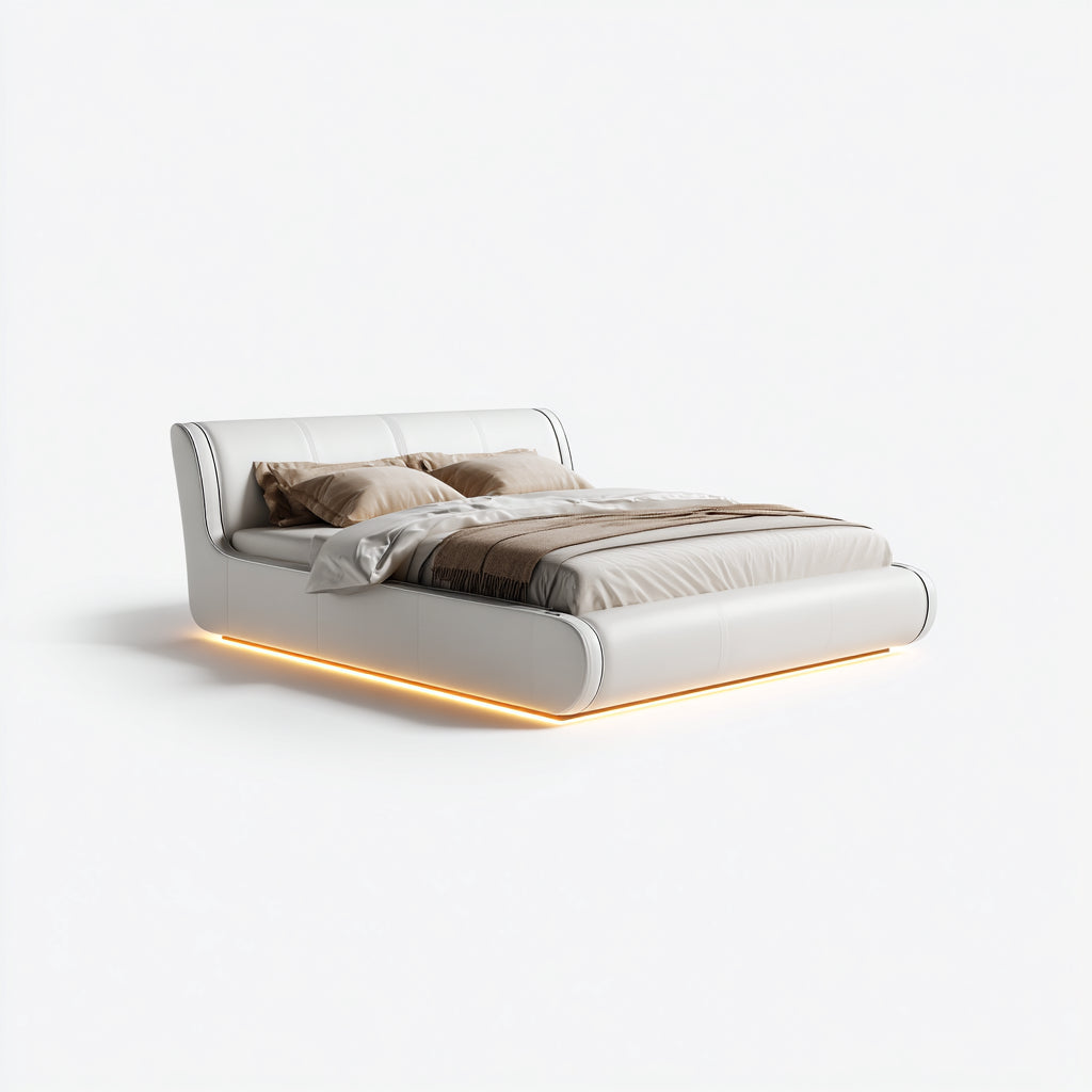 Camas dobles tapizada 210x160x95 cm blanco diseño moderno con luz LED