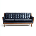Sofás 3 plazas de piel sintética 220x86x82cm azul marino-marrón para salón - diseño capitoné clásico con patas de madera