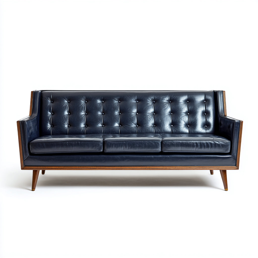 Sofás 3 plazas de piel sintética 220x86x82cm azul marino-marrón para salón - diseño capitoné clásico con patas de madera