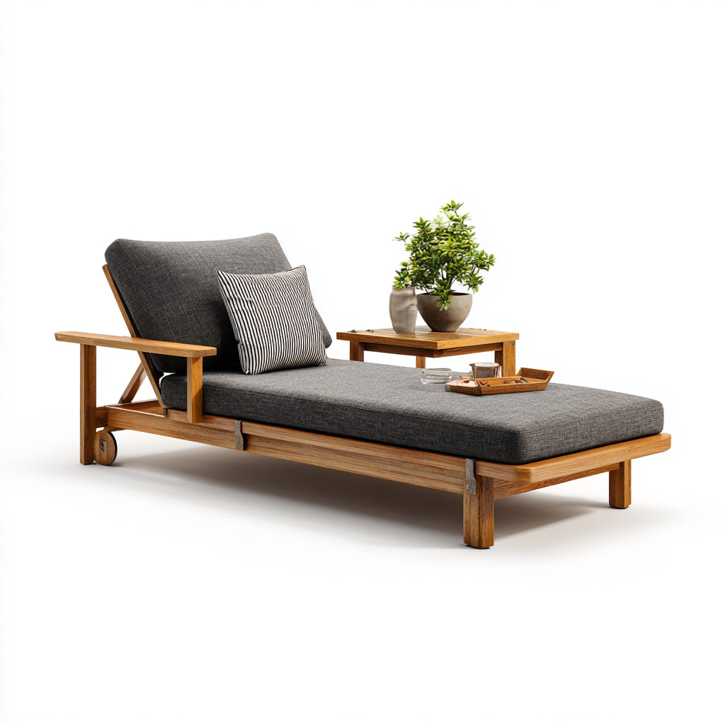 Tumbonas de madera y tela 195x75x86cm natural-gris para jardín - diseño reclinable con ruedas