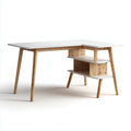 Mesas de oficina de madera 140x120x76 cm - blanco y natural con estante lateral - diseño en L para despacho