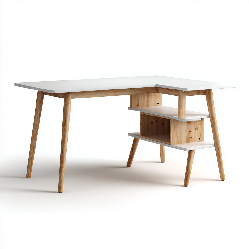 Mesas de oficina de madera 140x120x76 cm - blanco y natural con estante lateral - diseño en L para despacho