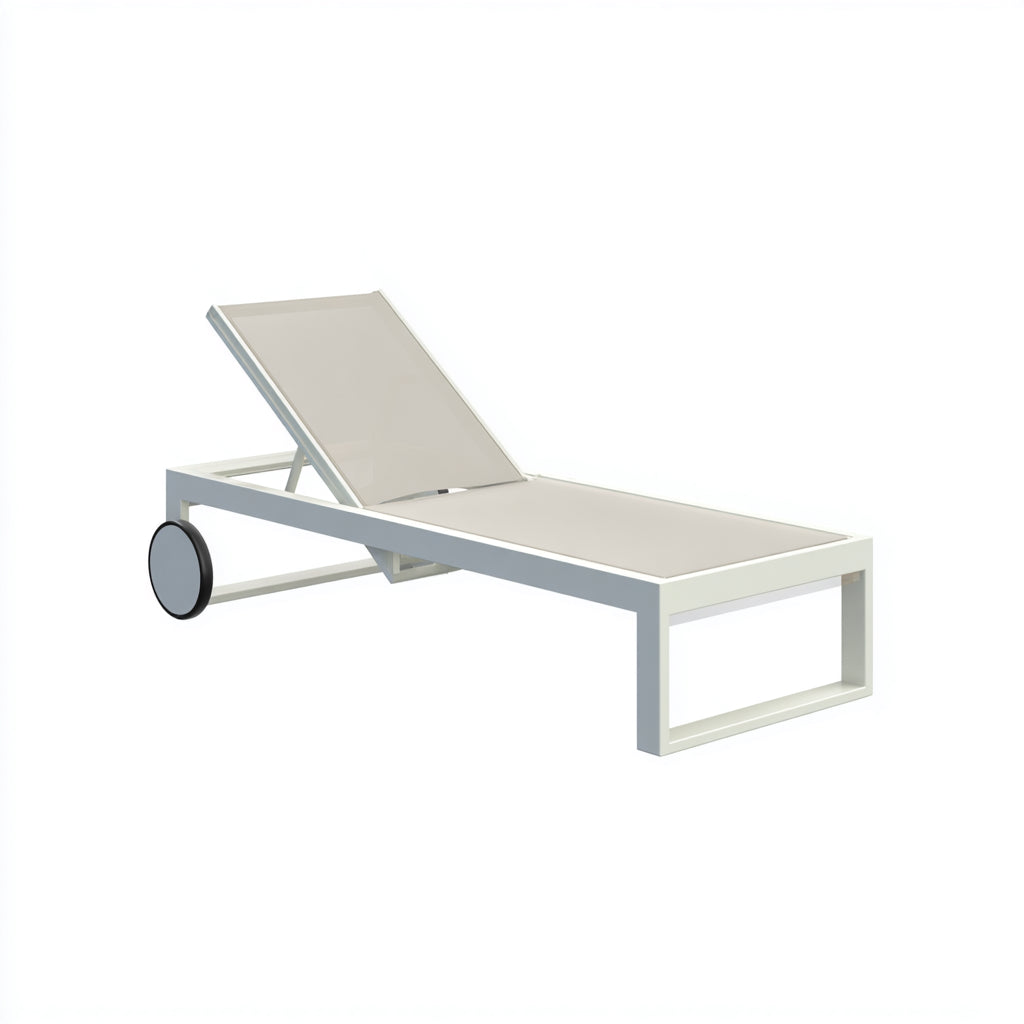 Tumbonas de metal y textilene 195x68x85cm blanco-beige para jardín - diseño reclinable con ruedas