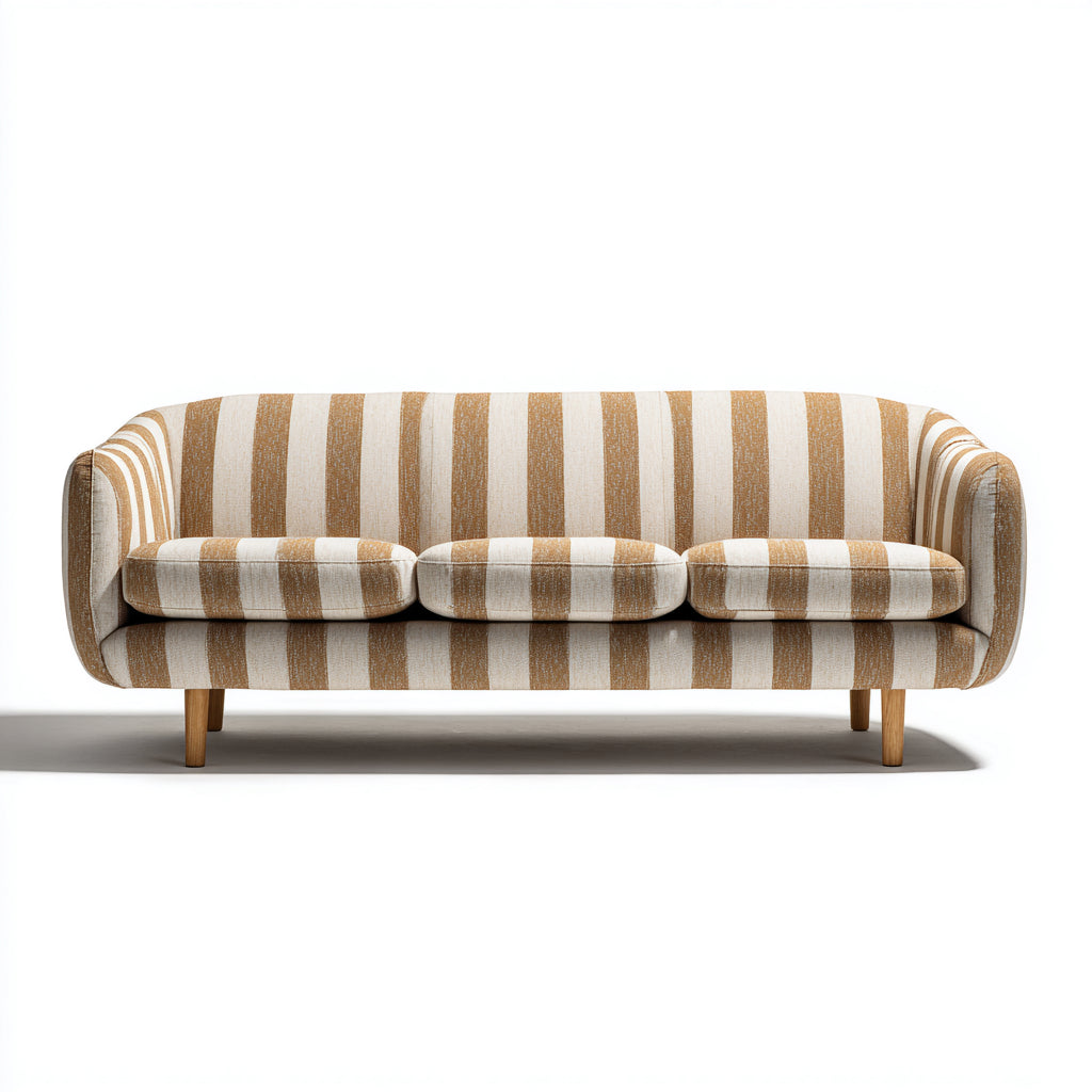 Sofás 3 plazas de tela 215x86x80cm beige-marrón-natural para salón - diseño moderno con rayas y patas de madera